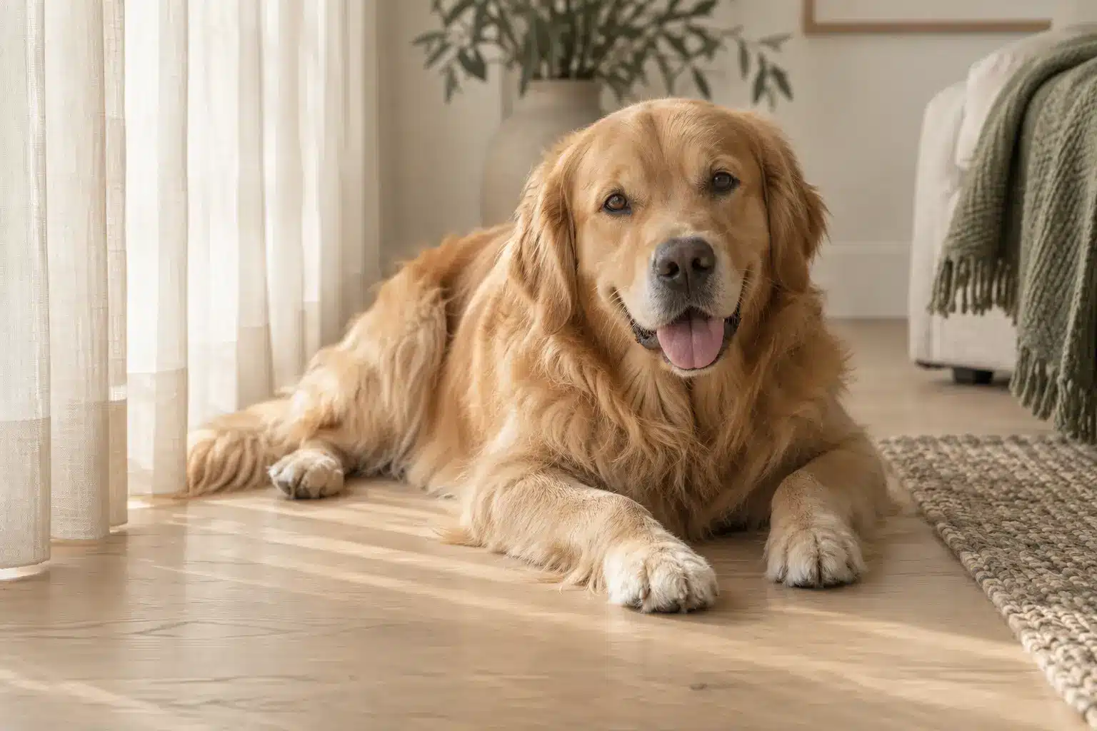 En hund ligger på et lyst trægulv.